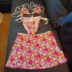 FLOWERED STRING BIKINI WITH MATCHING SKIRT